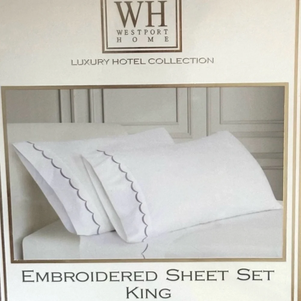 Westport Home Luxury Hotel Collection King Sheets Set White W/ Lavendar Accents
